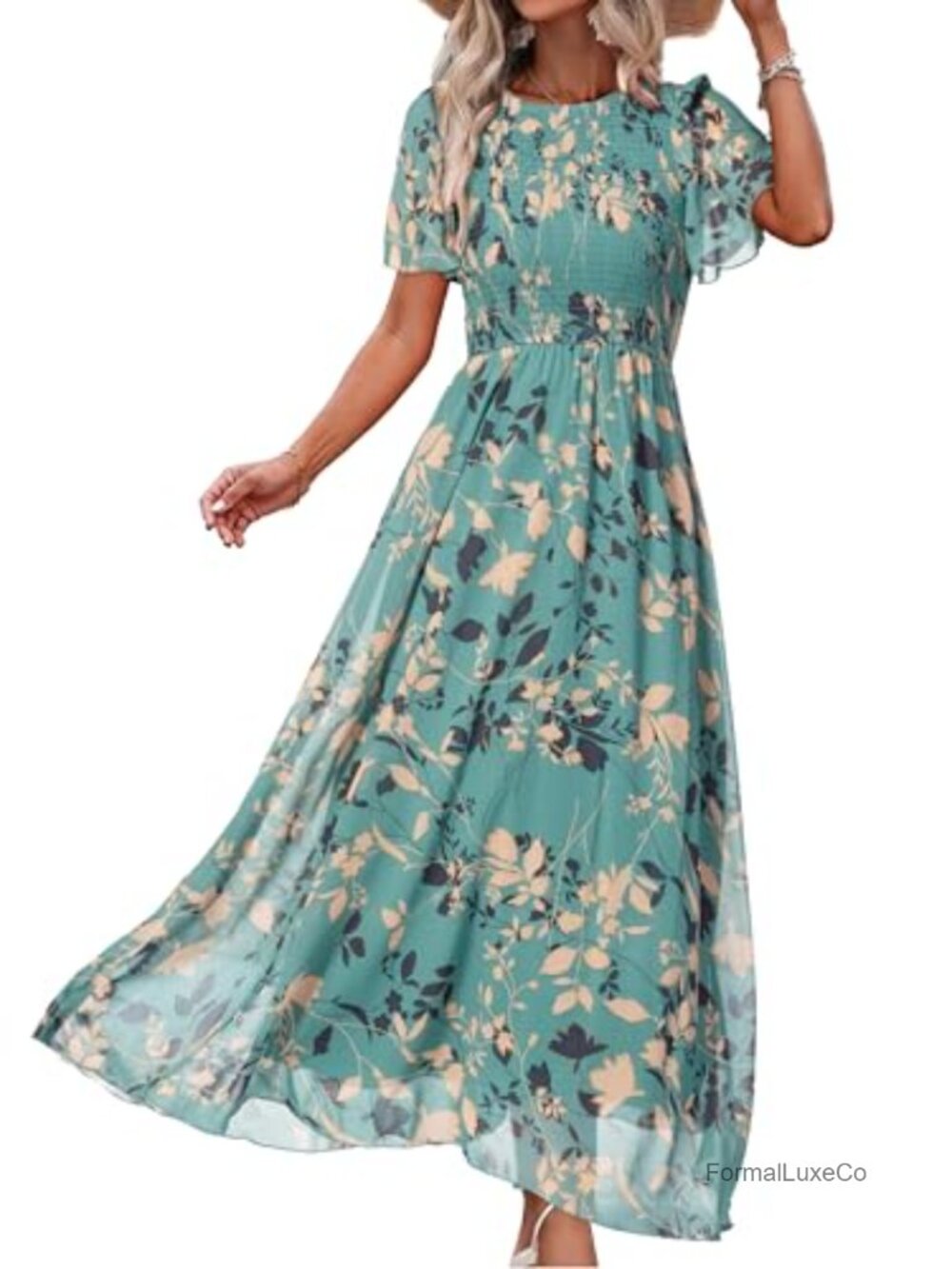Chiffon Floral Maxi Dress Smocked Flutter Short Sleeve Boho Vacation